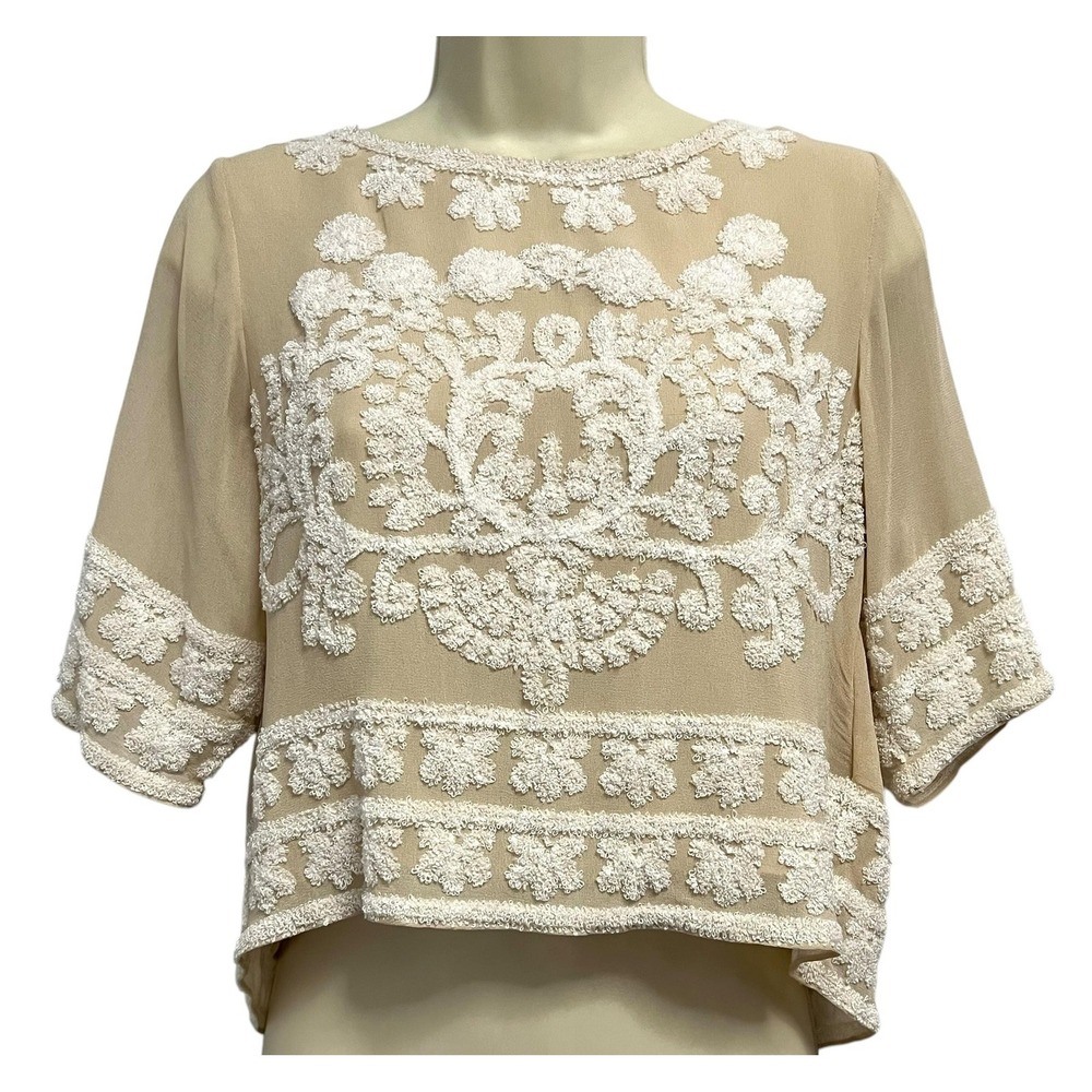 TRYB‎ Blouse Womens XS Beige Ivory Embroidered Sheer Short Sleeve Tie Back Boho